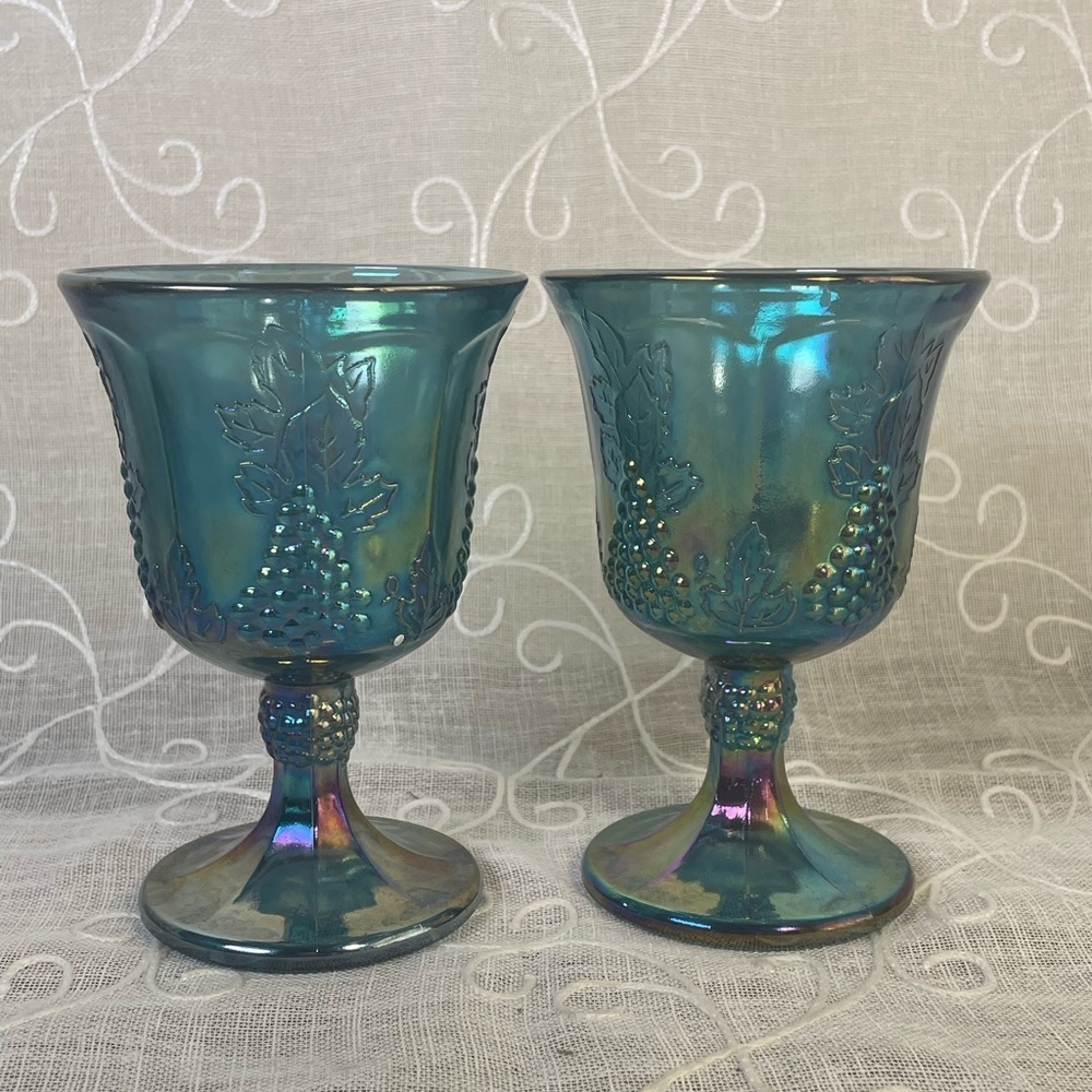 Set of Vintage Peacock Blue Iridescent Carnival Glass Harvest Grape Wine Goblets